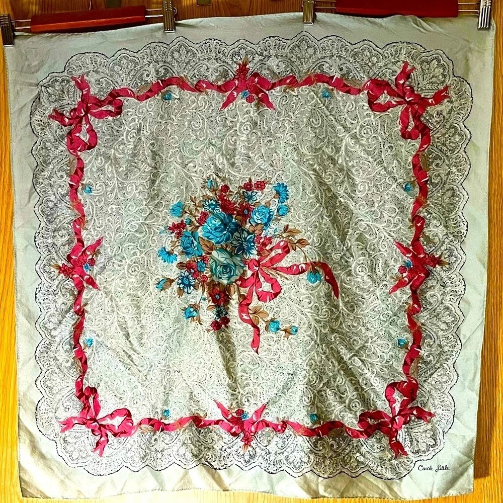 Silk Baby Blue Rose/ Pink Ribbon Paisley Scarf Vintage 80’s